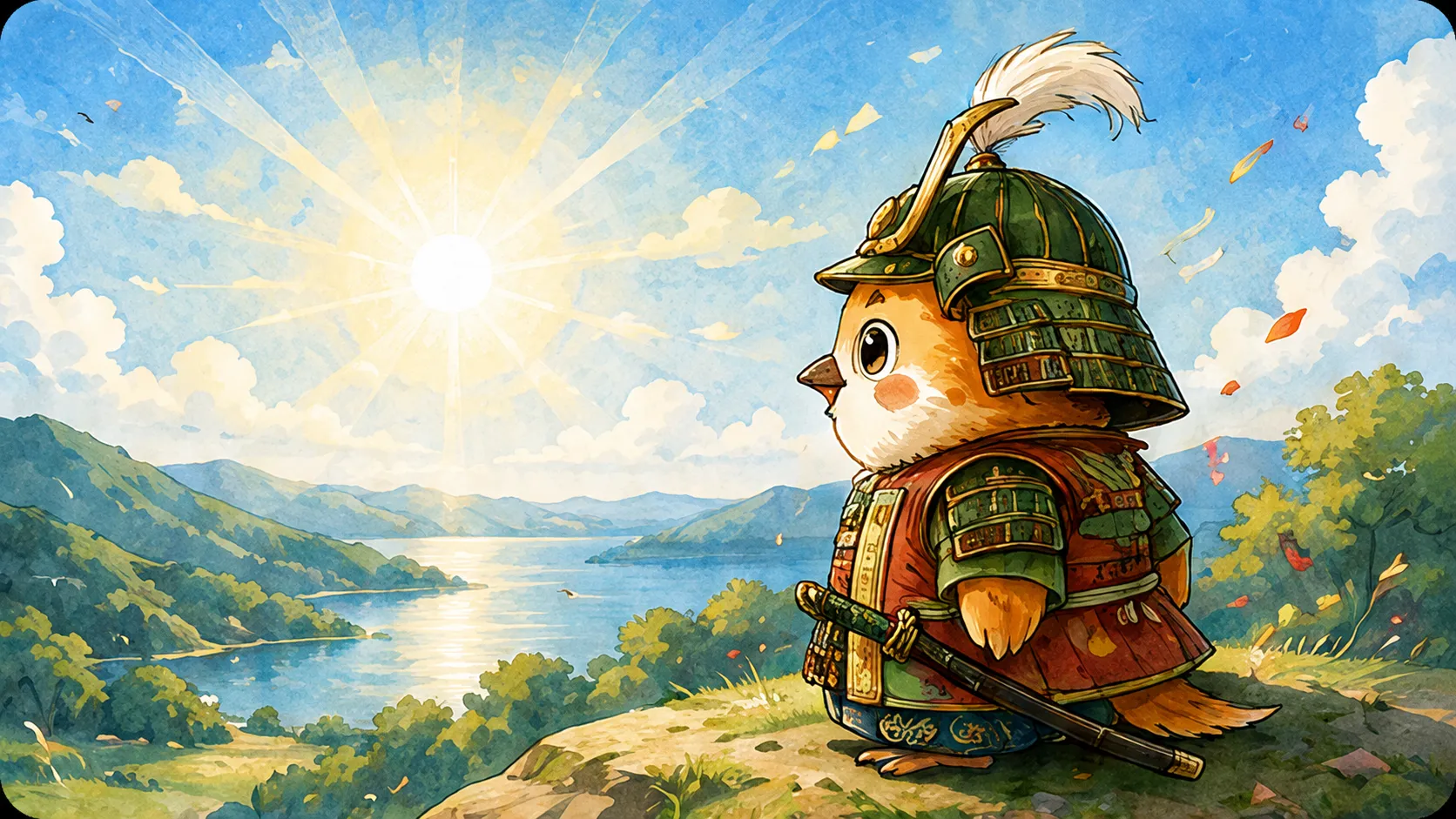 朝日の湖を見つめるキャラクター